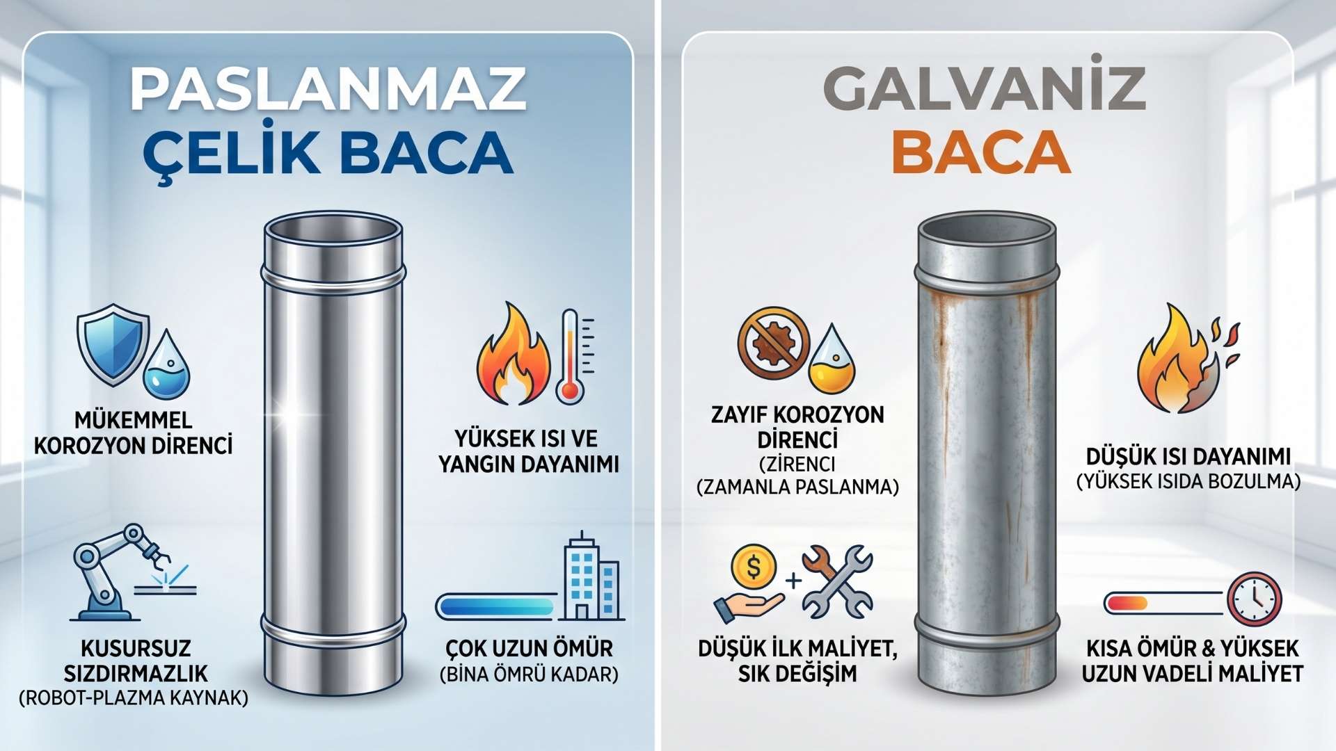 Paslanmaz Çelik Baca Neden Tercih Edilmeli? Galvaniz ile Karşılaştırma